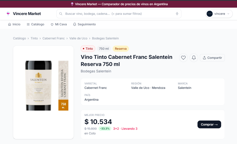 Vincere Market — wine detail on the live platform: an Argentine wine showing its best price across chains, with discount, varietal, region and sensory profile.